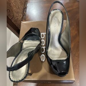 Bebe Glossy Black Peep Toe Heels